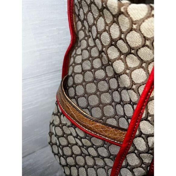 Brown & Red Circle Printed Shoulder Bag With Faux Croc Leather Straps & Padlock - Picture 6 of 12